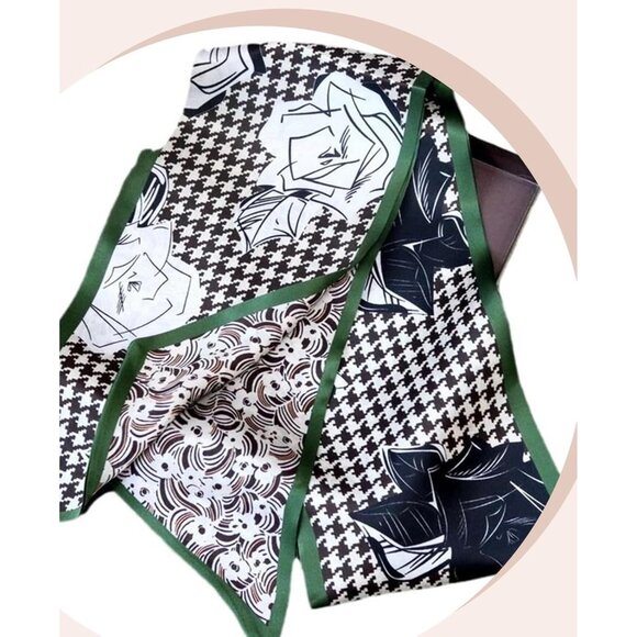 Women's Black White Fashion Oblique Angle Silk Neck Scarf Printed Scarves - Picture 3 of 6